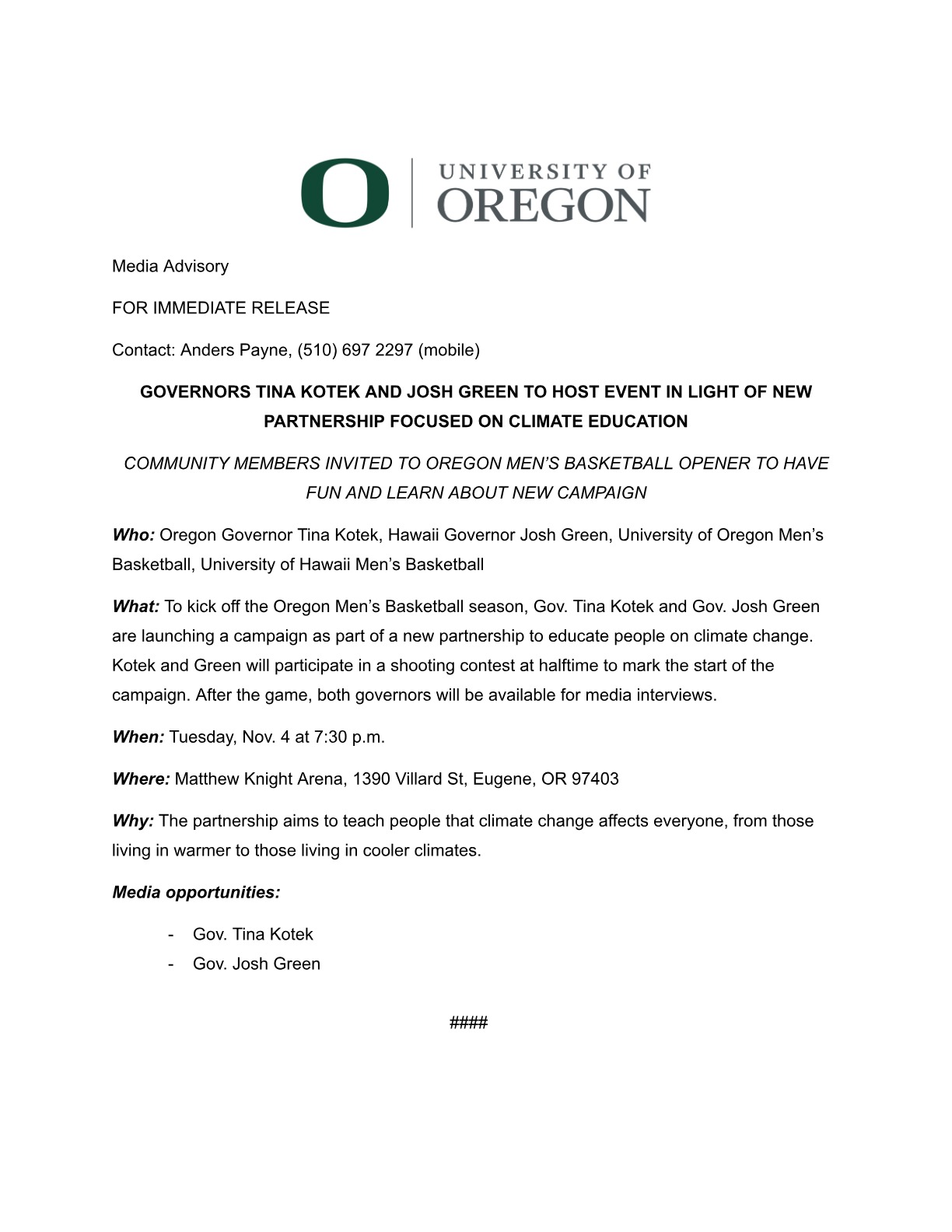 University of Oregon Media Advisory PDF page 1